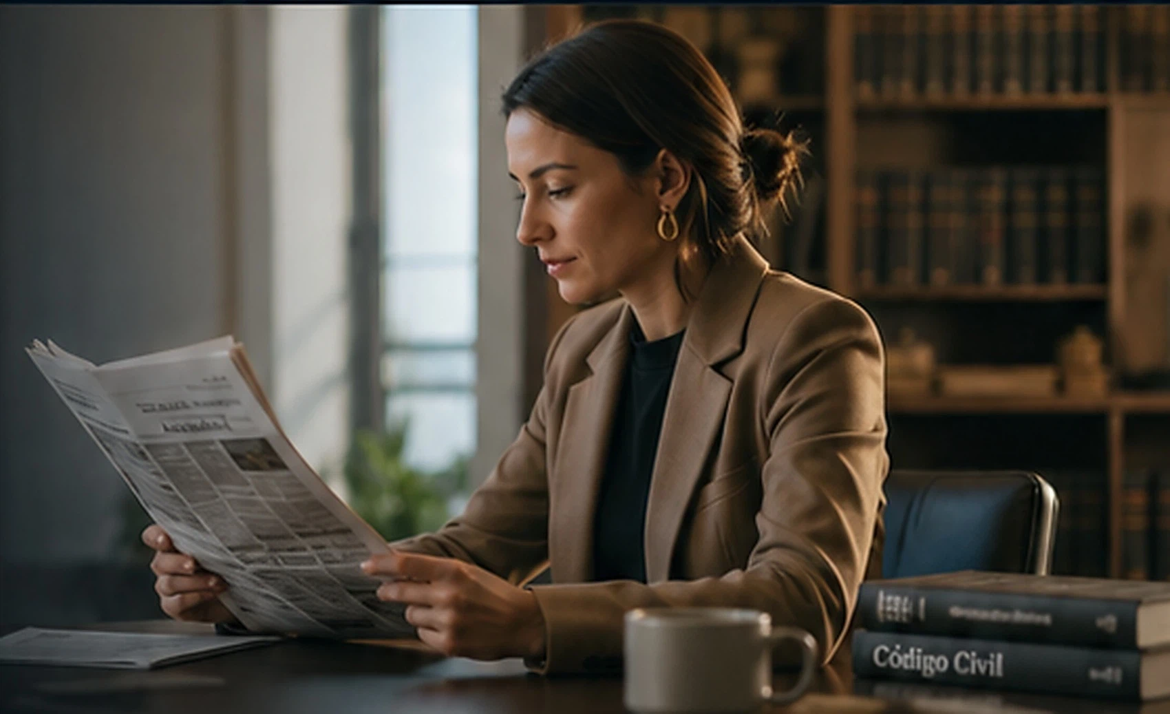 Profesional revisando documentación y actualidad jurídica en un despacho contemporáneo