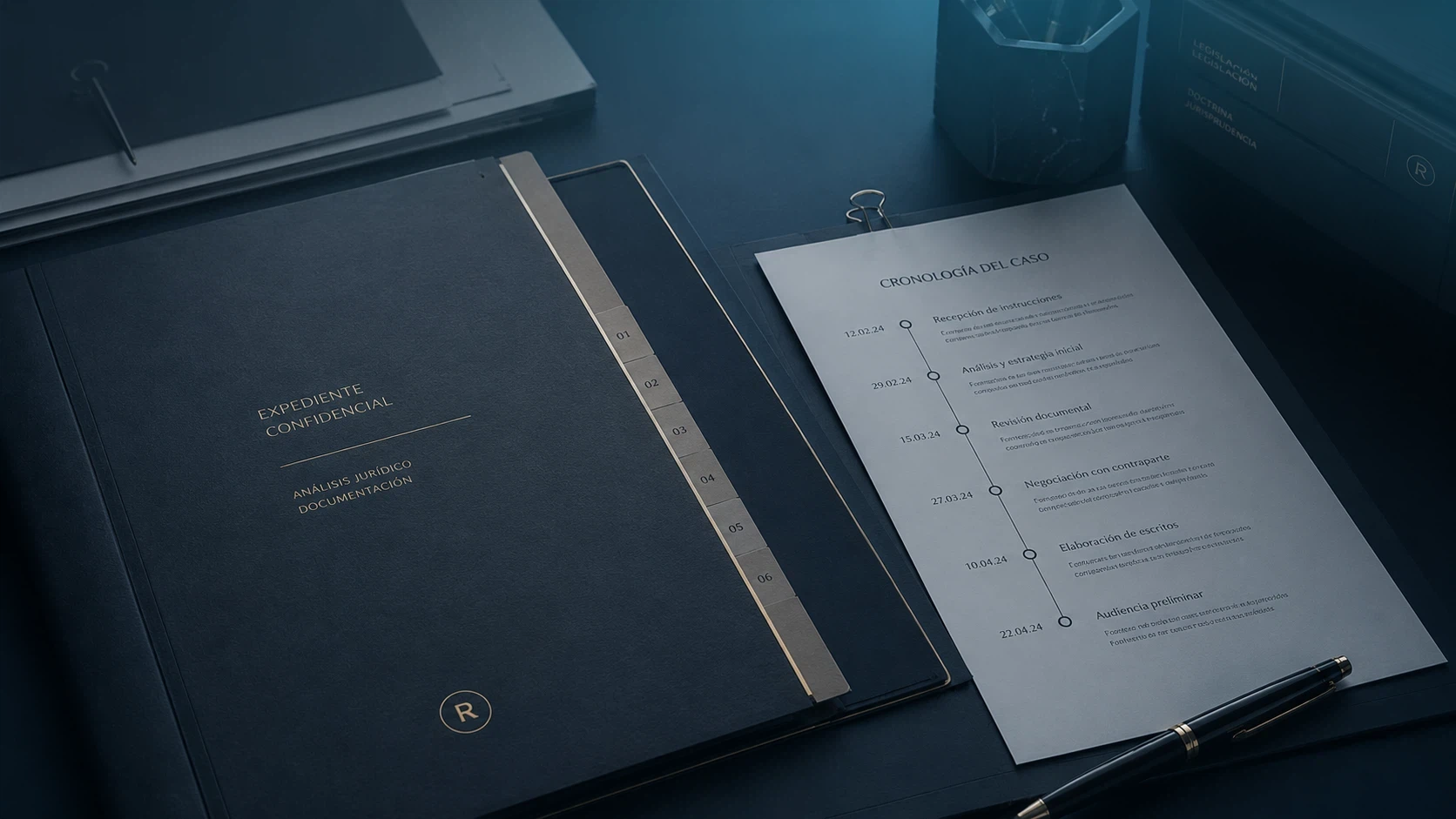 Expediente confidencial y cronología del caso en una escena premium de tono azul profundo