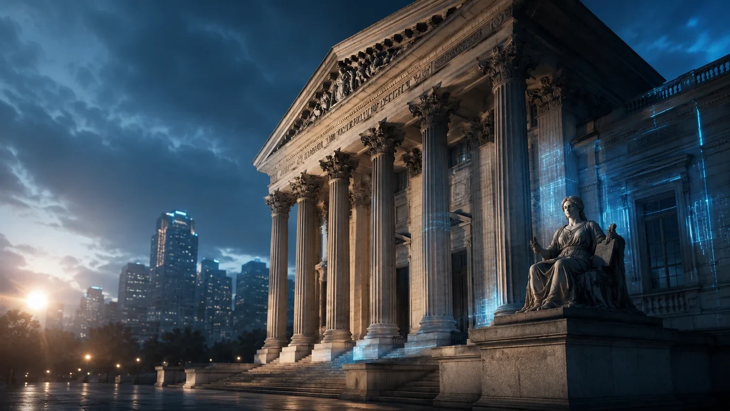 Arquitectura judicial monumental representada en una escena editorial contemporánea