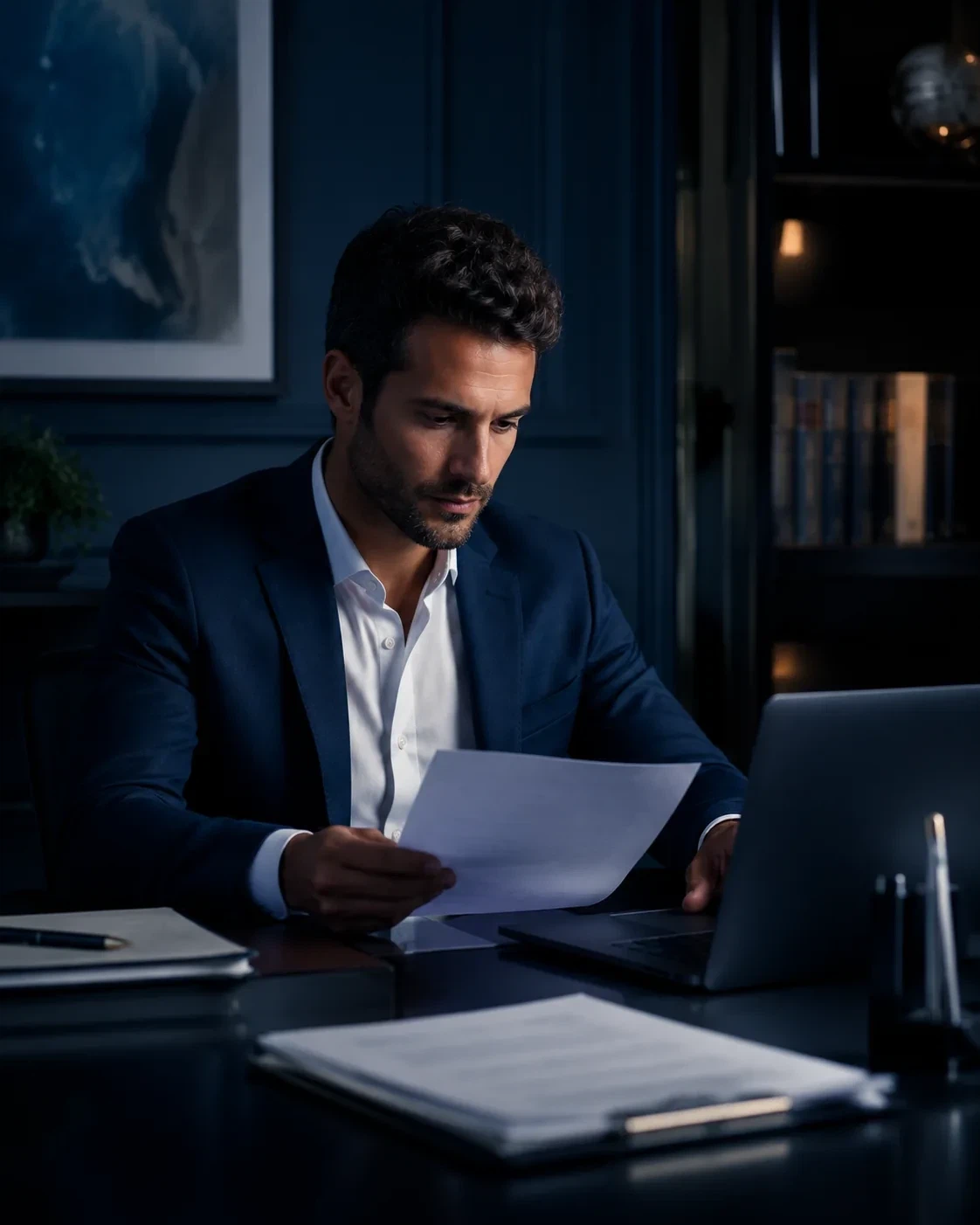 Profesional revisando documentación en un entorno de trabajo contemporáneo