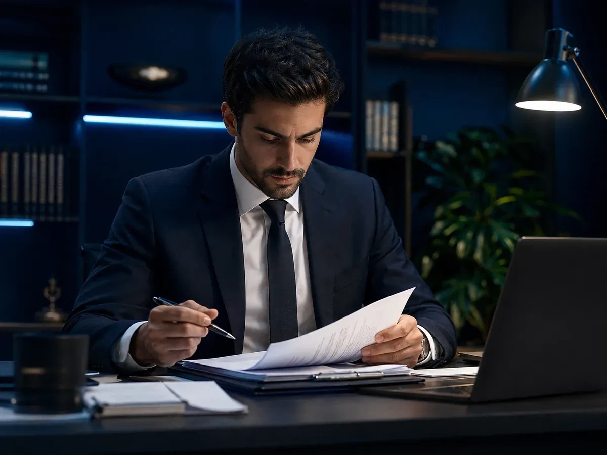 Profesional revisando un expediente en un despacho contemporáneo