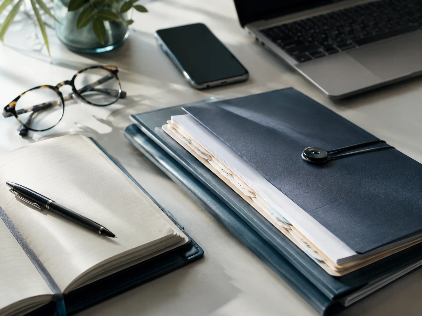 Documentos, carpeta, cuaderno, teléfono y portátil organizados sobre una mesa