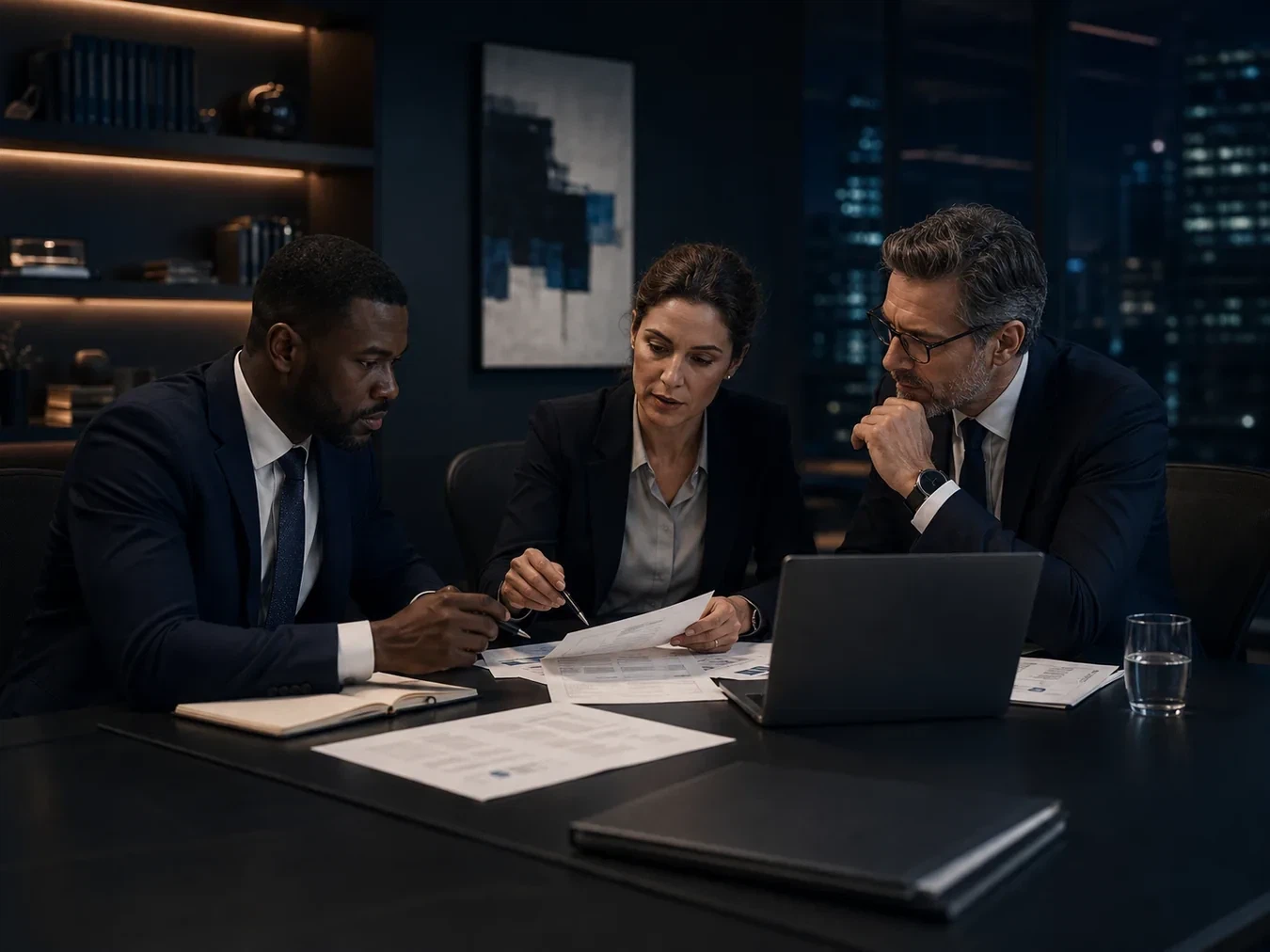 Equipo jurídico revisando un expediente en un despacho profesional
